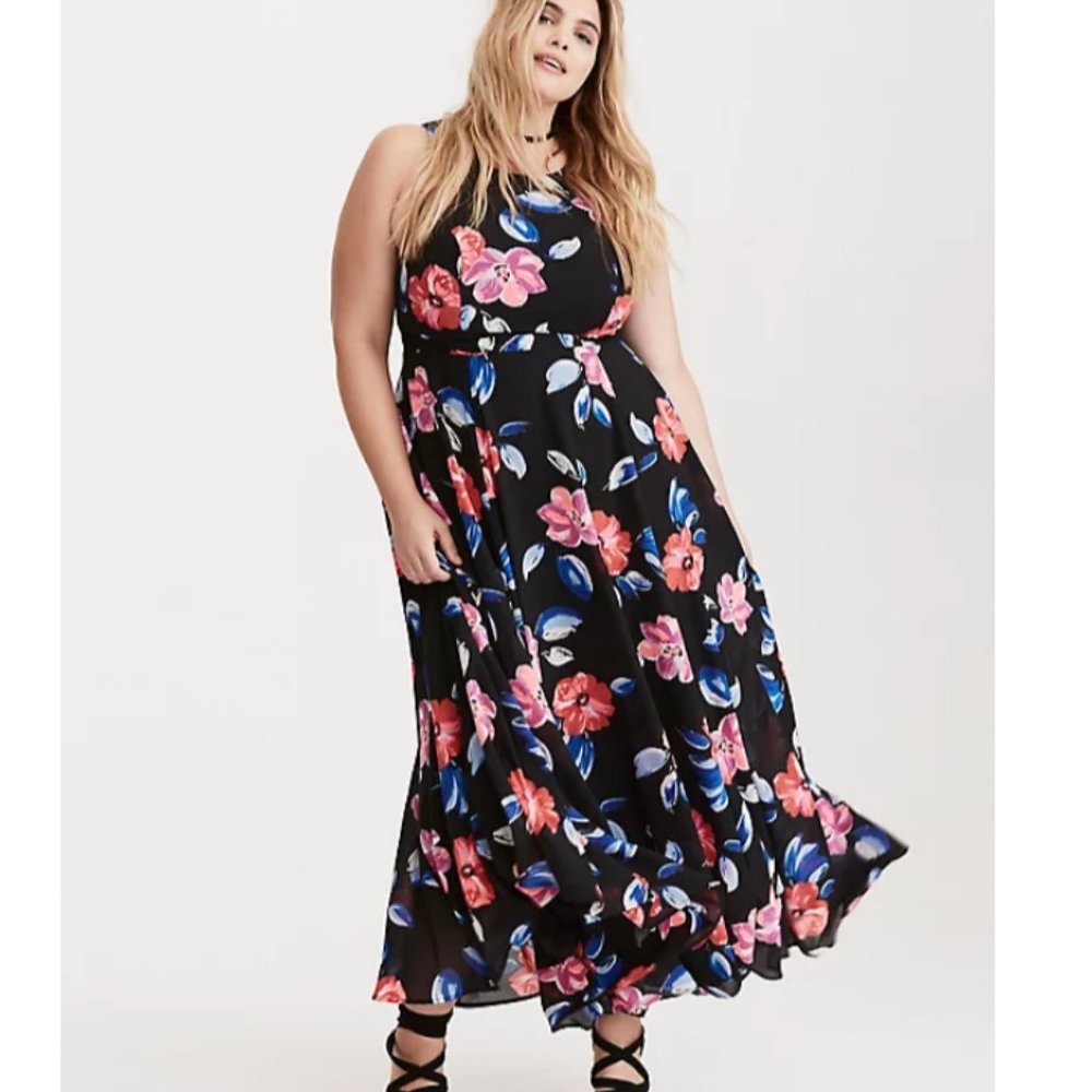 TORRID FLORAL PRINT GEORGETTE HIGH NECK MAXI DRESS